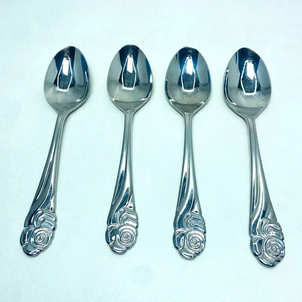 (4) Yamazaki Japan‎ Ribbon Rose Stainless Glossy Teaspoon Lot 6 3/8